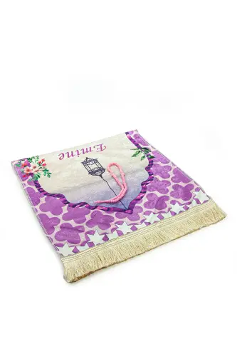 Silindir Kutulu Tesbihli Dijital Baskılı Çocuk Seccadesi Seti Pembe-Pembe - 5