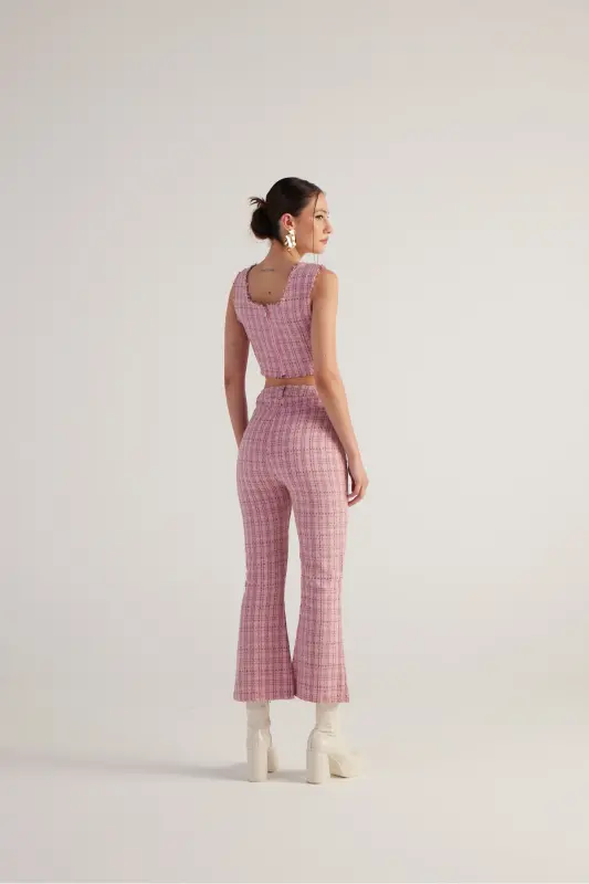 İspanyol Kesim Tüvit Tweed Pantolon Pembe-Pembe - 2