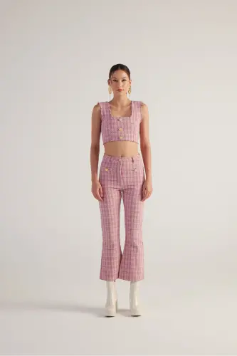 İspanyol Kesim Tüvit Tweed Pantolon Pembe-Pembe - 3