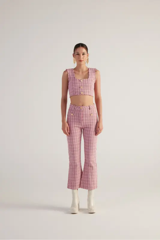 İspanyol Kesim Tüvit Tweed Pantolon Pembe-Pembe - 3