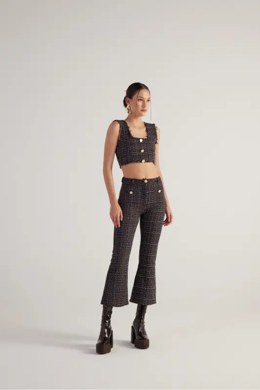 İspanyol Kesim Tüvit Tweed Pantolon Siyah-Siyah - 2