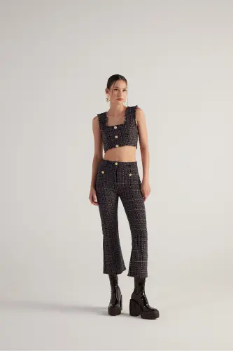 İspanyol Kesim Tüvit Tweed Pantolon Siyah-Siyah - 3