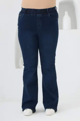 İspanyol Paça Beli Lastikli Büyük Beden Kot Pantolon Mavi - 1