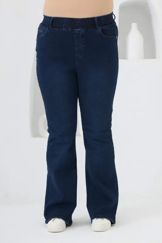 İspanyol Paça Beli Lastikli Büyük Beden Kot Pantolon Mavi - 1