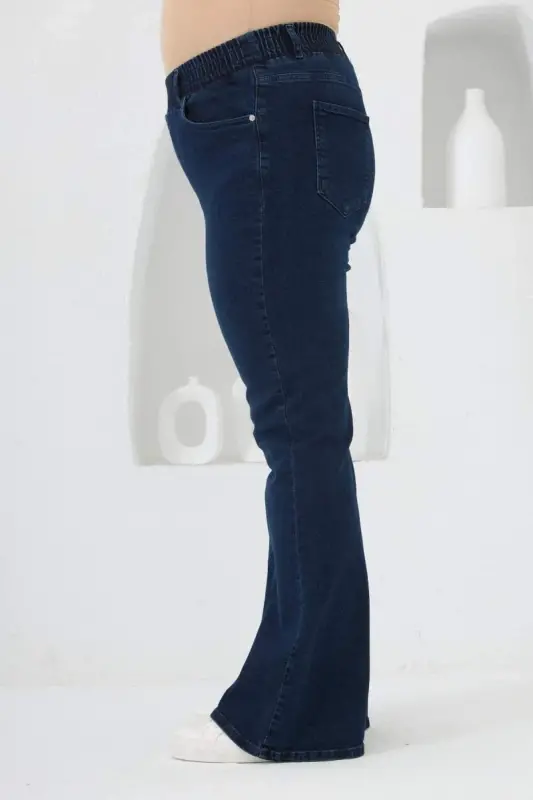 İspanyol Paça Beli Lastikli Büyük Beden Kot Pantolon Mavi - 2