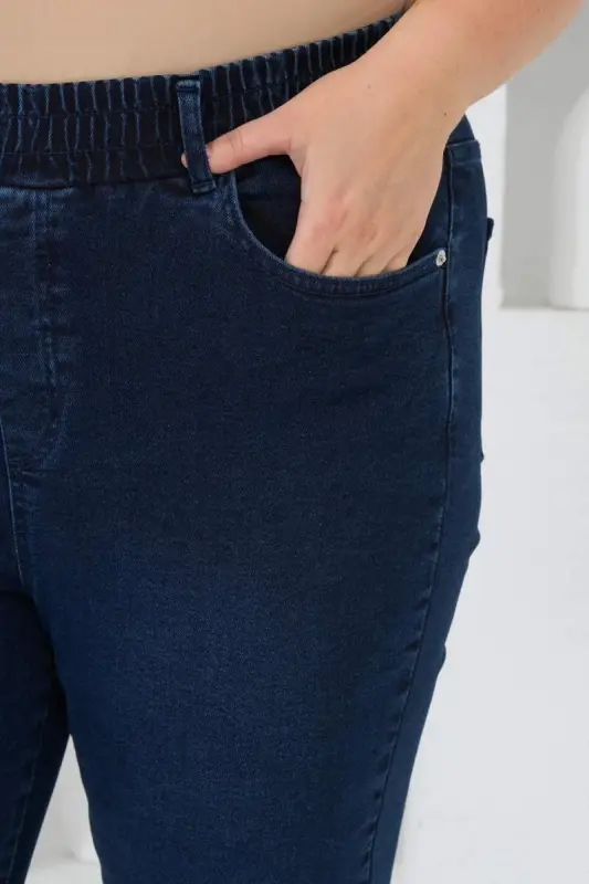 İspanyol Paça Beli Lastikli Büyük Beden Kot Pantolon Mavi - 3
