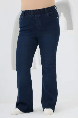 İspanyol Paça Beli Lastikli Büyük Beden Kot Pantolon Mavi - 4