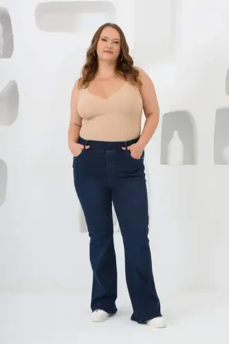 İspanyol Paça Beli Lastikli Büyük Beden Kot Pantolon Mavi - 6