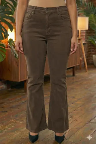İspanyol Paça Büyük Beden Kot Pantolon Kahve - 1