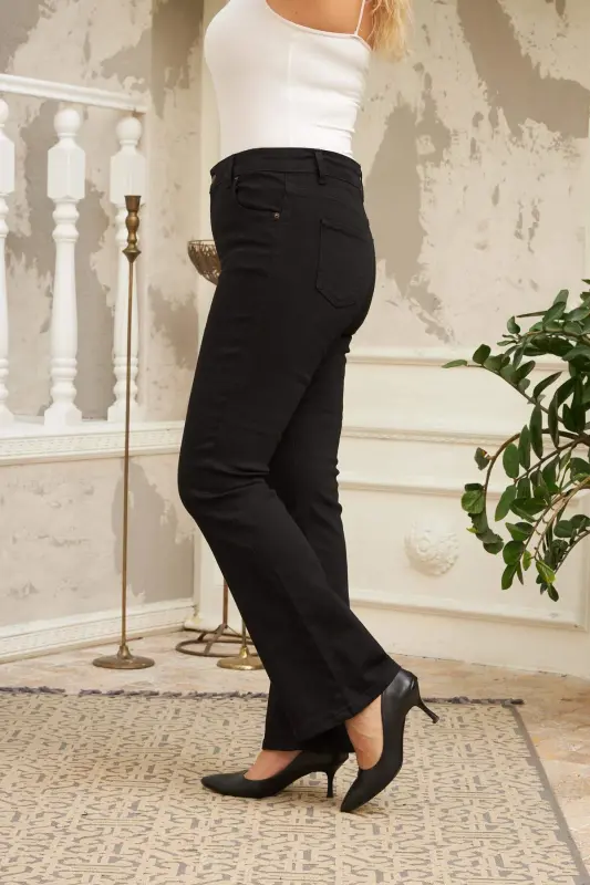 İspanyol Paça Büyük Beden Siyah Kot Pantolon - 3