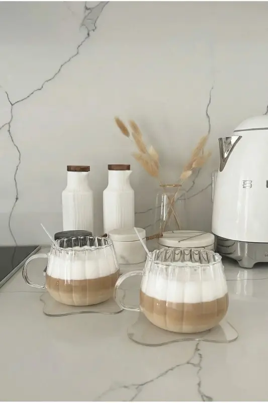 Issiqqa Chidamli Borosilikat Termisil Kupa Chiziqli Dizaynli Shisha Stakan Kofe Taqdim Qilish Stakani - 2