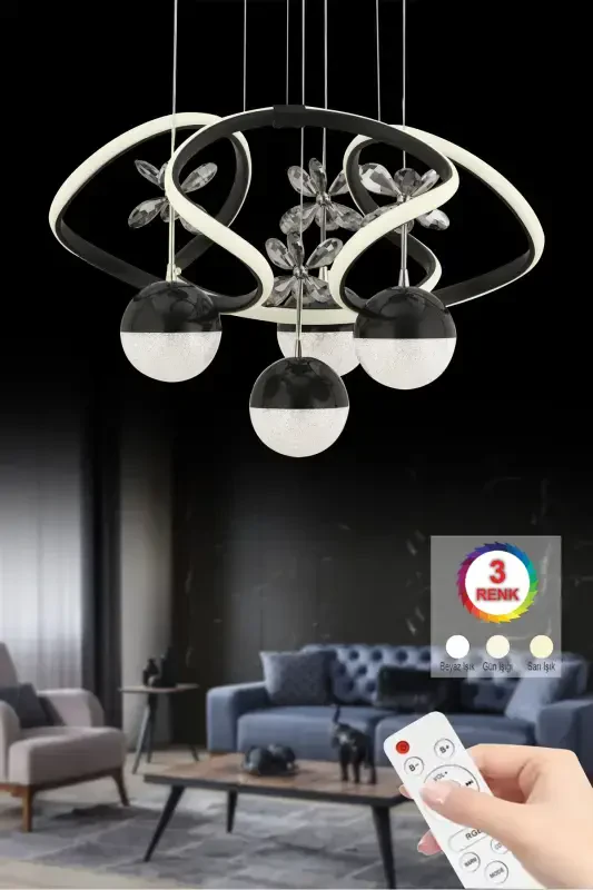 Istanbul Avize Rodin Qora Kumandalı 3 Rangli Ledli Led Avize-Qora - 4