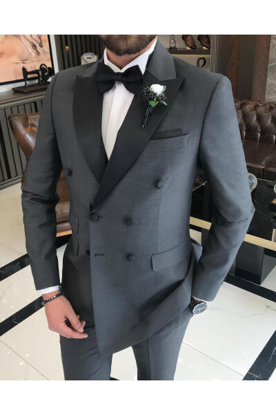 Italian Cut Slim Fit Double Breasted Jacket Trousers Groom Set Anthracite T9217 - TERZIADEMALTUN