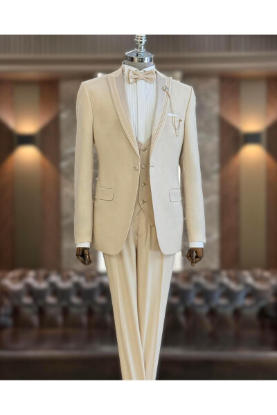 Italian Cut Slim Fit Suit Jacket Vest Pants Groom Set Beige T11822 - 12