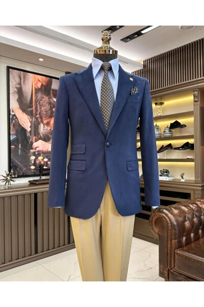 Italian Style Single-Breasted Velvet Men's Blazer Navy T11046 - TERZIADEMALTUN