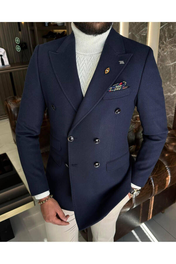 Italian Style Slim Fit Cashmere Double-Breasted Men's Jacket Navy T10282 - 11