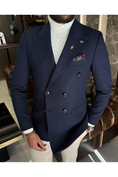 Italian Style Slim Fit Cashmere Double-Breasted Men's Jacket Navy T10282 - 1