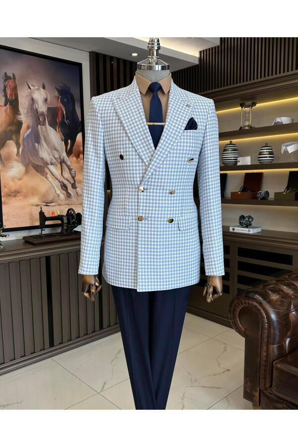 Italian Style Slim Fit Herringbone Pattern Double Breasted Men's Blazer Blue T11493 - 9