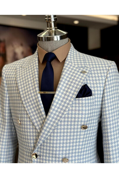 Italian Style Slim Fit Herringbone Pattern Double Breasted Men's Blazer Blue T11493 - 10