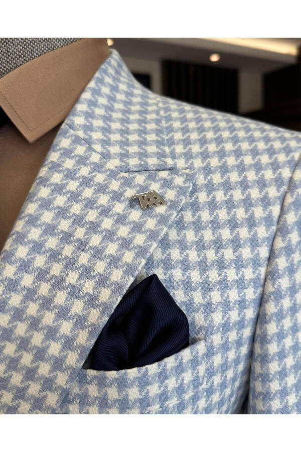 Italian Style Slim Fit Herringbone Pattern Double Breasted Men's Blazer Blue T11493 - 11