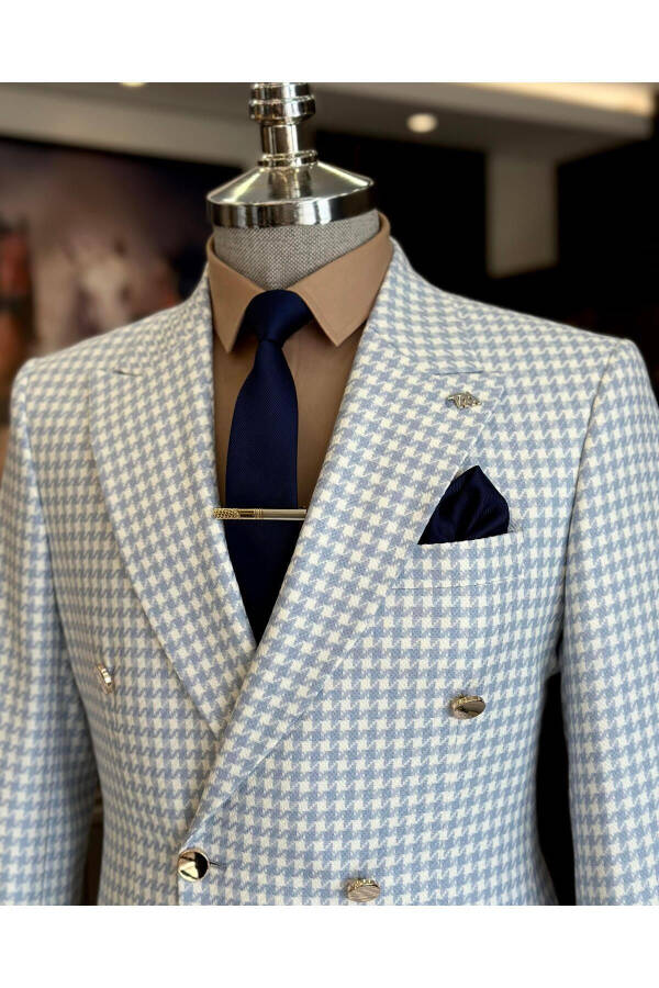 Italian Style Slim Fit Herringbone Pattern Double Breasted Men's Blazer Blue T11493 - 6