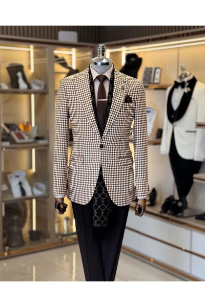 Italian Style Slim Fit Herringbone Pattern Men's Jacket Brown T11501 - 7