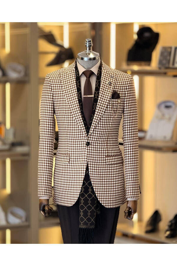 Italian Style Slim Fit Herringbone Pattern Men's Jacket Brown T11501 - 1