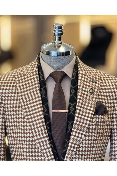 Italian Style Slim Fit Herringbone Pattern Men's Jacket Brown T11501 - TERZIADEMALTUN (1)