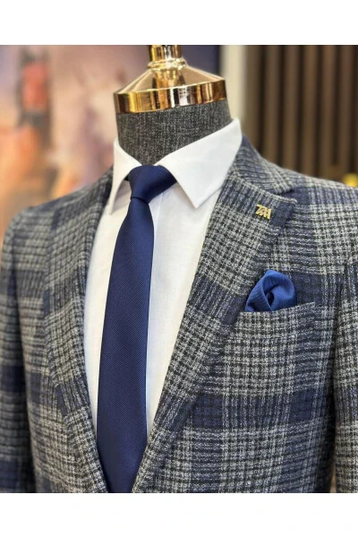 Italian Style Slim Fit Single Breasted Plaid Men's Blazer Navy T10746 - Modazone (1)