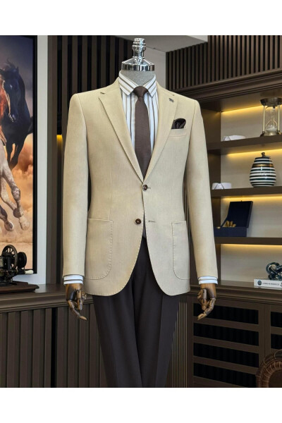 Italian Style Slim Fit Single Breasted Pocket Men's Blazer Beige T11508 - 4