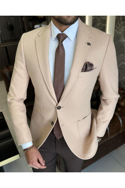 Italian Style Slim Fit Single Breasted Wool Men's Blazer Camel T10029 - 13