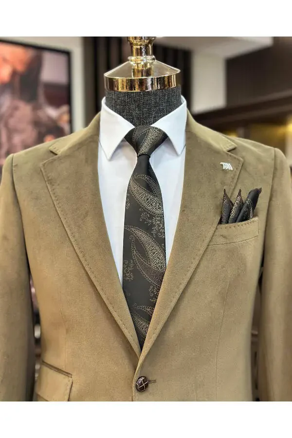 Italian Style Velvet Men's Single Jacket Brown T11039 - 4