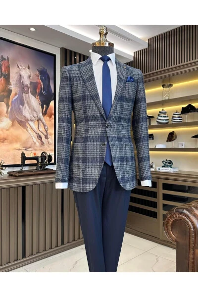 Italiya uslubidagi ingichka o'rindiqlik, bitta tugmali, katakli erkaklar jileti ko'k T10746 - Modazone