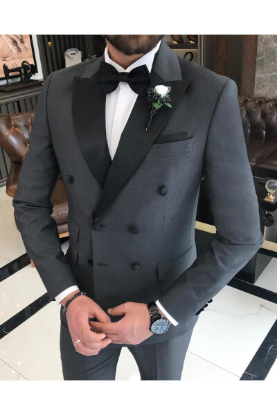 İtalyan kesim slim fit kruvaze ceket pantolon damatlık set antrasit T9217 - 6