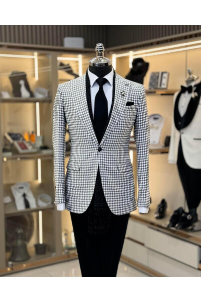 İtalyan Stil Slim Fit Kazayağı Desen Erkek Ceket Gri T11502 - 9