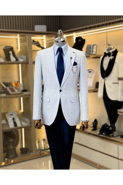 İtalyan Stil Slim Fit Kazayağı Desen Erkek Ceket Mavi T11504 - 5