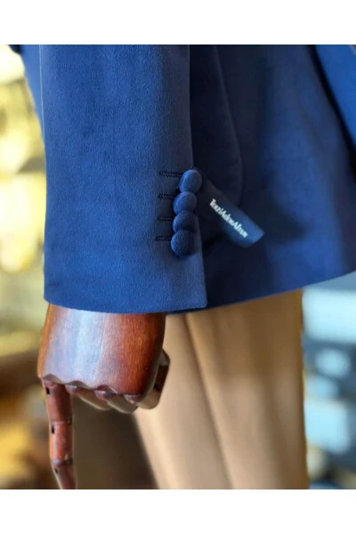 Italyan uslubidagi baxmal kruvaze erkaklar uchun bitta pidjak ko'k T11037 - 20