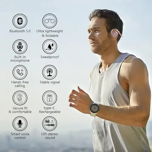 itayak Behind The Head Headphones, Wrap Around Head Small Bluetooth Headphones Lightweight Foldable Wireless Sports Sweatproof Headset with Microphone & Carrying Case (Gold) - 3