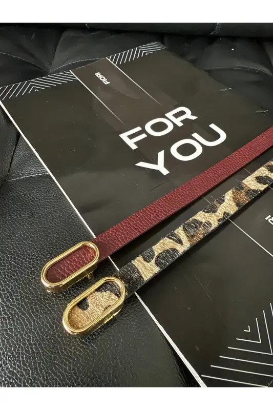 2’li Ithal Oval Gold Tokalı Ince Kemer, Pantolon Kemeri, Gömlek Kemeri, Ceket Kemeri - Bordo-Leopar - 2