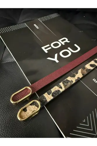 2’li Ithal Oval Gold Tokalı Ince Kemer, Pantolon Kemeri, Gömlek Kemeri, Ceket Kemeri - Bordo-Leopar - 3