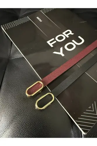 2’li Ithal Oval Gold Tokalı Ince Kemer, Pantolon Kemeri, Gömlek Kemeri, Ceket Kemeri - Siyah-Bordo - 3
