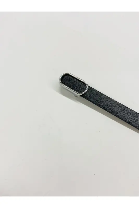 Ithal Oval Gümüş Tokalı Ince Kemer, Pantolon Kemeri, Gömlek Kemeri, Ceket Kemeri - Siyah-Gümüş - 6
