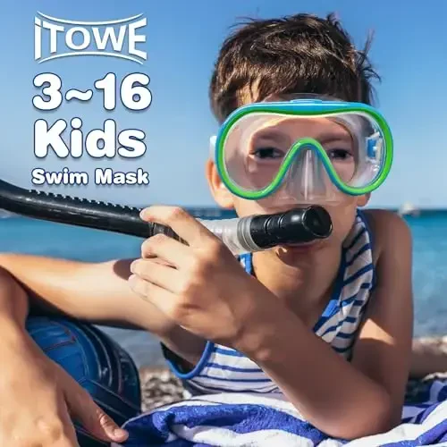 ITOWE Kids Swim Goggles Mask with Nose Cover 3-16, Unique Frame Design 180° Clear View Tempered Glass No Leak for Pool Beach - 5