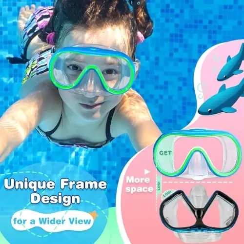 ITOWE Kids Swim Goggles Mask with Nose Cover 3-16, Unique Frame Design 180° Clear View Tempered Glass No Leak for Pool Beach - 2