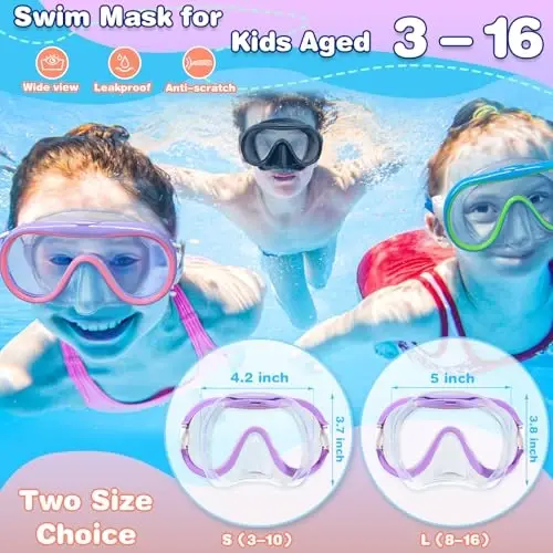 ITOWE Kids Swim Goggles Mask with Nose Cover 3-16, Unique Frame Design 180° Clear View Tempered Glass No Leak for Pool Beach - 7