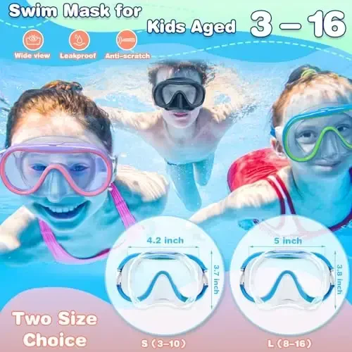 ITOWE Kids Swim Goggles Mask with Nose Cover 3-16, Unique Frame Design 180° Clear View Tempered Glass No Leak for Pool Beach - 7