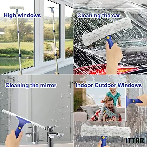 ITTAR Window Squeegee with 2 Sets Stainless Steel Pole, Squeegee Cleaning Tools with Microfiber Pads, 60
