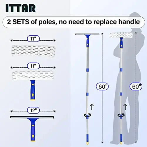 ITTAR Window Squeegee with 2 Sets Stainless Steel Pole, Squeegee Cleaning Tools with Microfiber Pads, 60