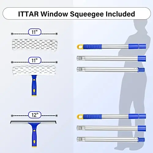 ITTAR Window Squeegee with 2 Sets Stainless Steel Pole, Squeegee Cleaning Tools with Microfiber Pads, 60