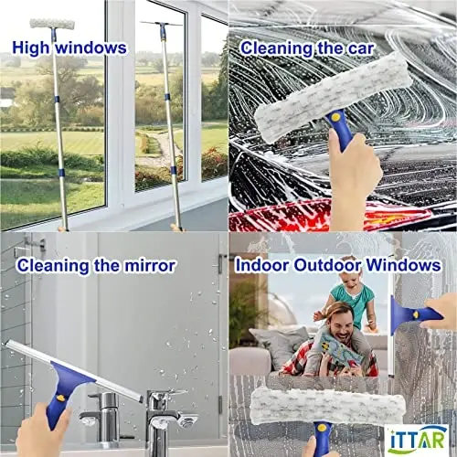 ‌ITTAR Window Squeegee Cleaner Kit, 5Ft Extendable Stainless Steel Pole with Rotatable Rubber Squeegee & 2 Microfiber Scrubber Pads, Professional Window Cleaning Tool for Home, Shower, Car, Windshield - 4